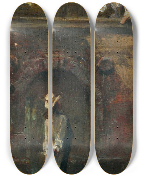 Triptych art skateboard deck of Carl Spitzweg Gallant Scene At A River Bridge by Carl Spitzweg (1808-1880)