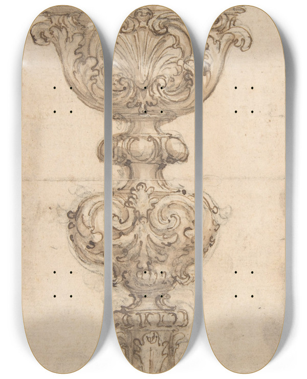 Triptych art skateboard deck of Giovanni Battista Foggini Design For A Chalice With Acanthus And Shell Decoration by Giovanni Battista Foggini (1652-1725)