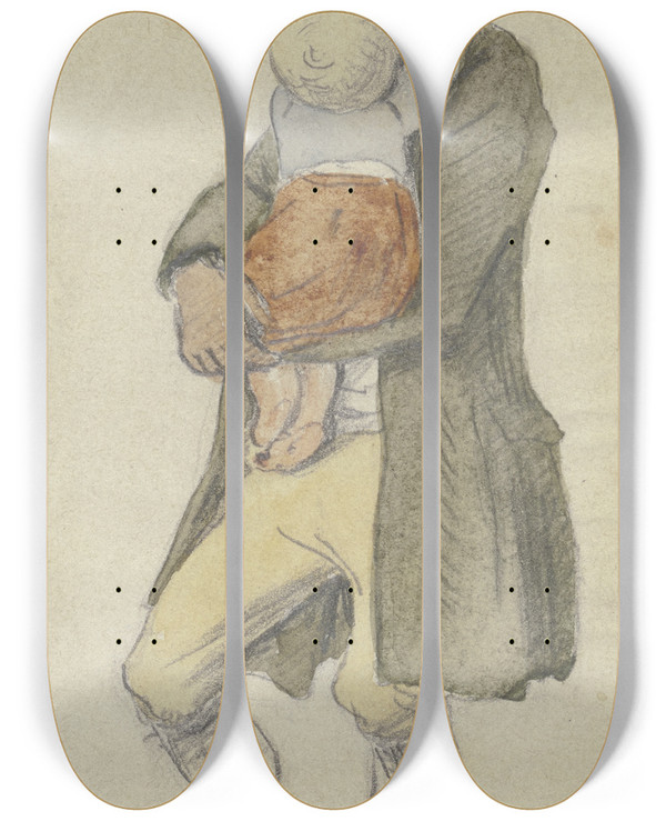 Triptych art skateboard deck of Hugo Kauffmann Farmer With Child On His Arm by Hugo Kauffmann (1844-1915)