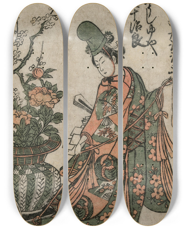 Triptych art skateboard deck of Torii Kiyomitsu Kametani Jujiro As The Shirabyoshi Dancer Yuya by Torii Kiyomitsu (1735-1785)