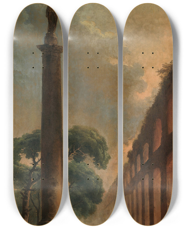 Triptych art skateboard deck of Hubert Robert The Fountain by Hubert Robert (1733-1808)