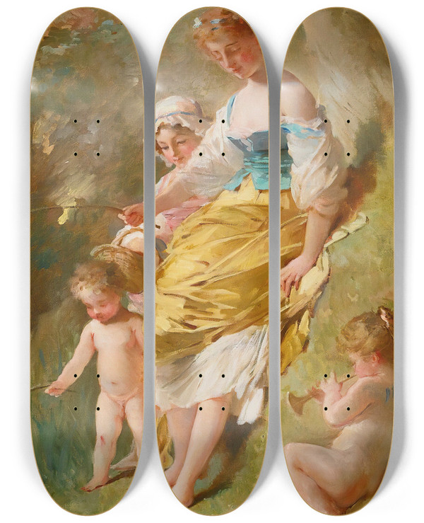 Triptych art skateboard deck of Charles Chaplin Les Petits Pcheurs by Charles Chaplin (1825-1891)