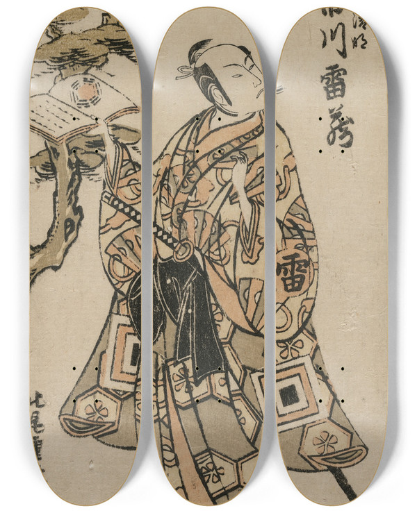 Triptych art skateboard deck of Kitao Shigemasa Ichikawa Raizo As Abe No Seimei by Kitao Shigemasa (1739-1819)