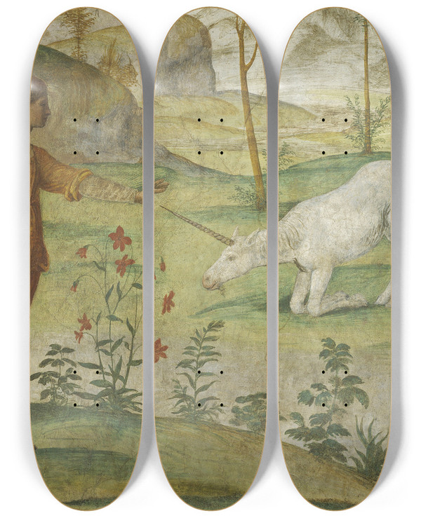Triptych art skateboard deck of Bernardino Luini Procris And The Unicorn by Bernardino Luini (1480-1532)