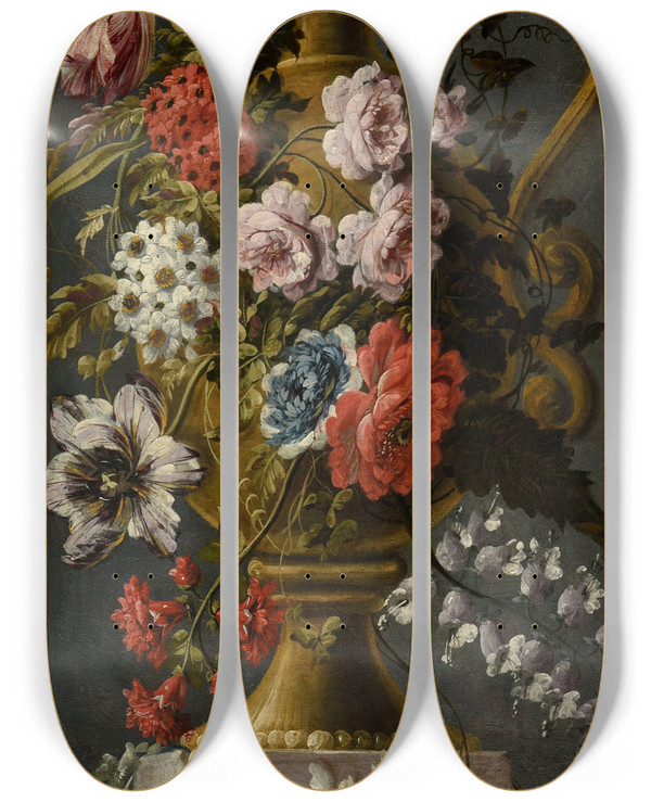 Triptych art skateboard deck of Claude Huilliot Fleurs Dans Un Vase En Bronze_2 by Claude Huilliot (1632-1702)