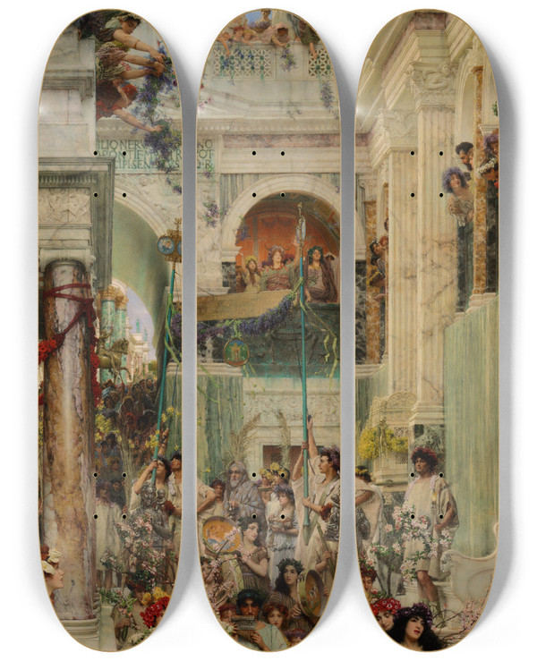 Triptych art skateboard deck of Lawrence Almatadema Spring by Lawrence Alma-Tadema (1836-1912)
