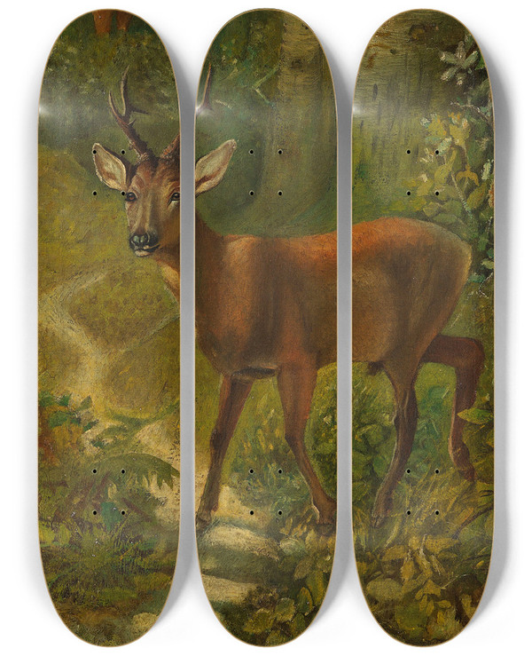 Triptych art skateboard deck of Rosa Bonheur Deer At The Edge Of The Forest by Rosa Bonheur (1822-1899)