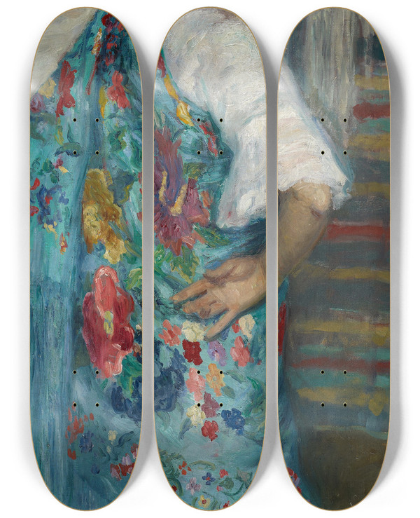 Triptych art skateboard deck of Gonzalo Bilbao Martnez A Girl With Shawl by Gonzalo Bilbao Martinez (1860-1938)