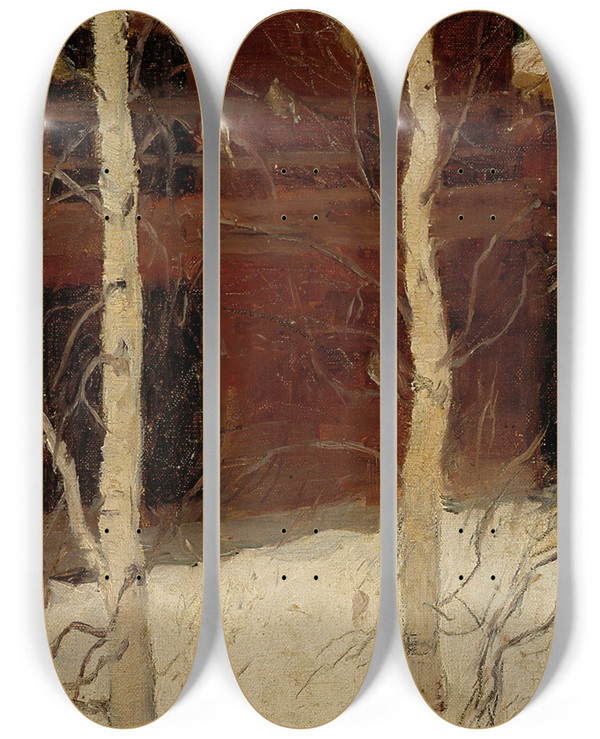 Triptych art skateboard deck of Pekka Halonen Titmice In Birch Trees by Pekka Halonen (1865-1933)