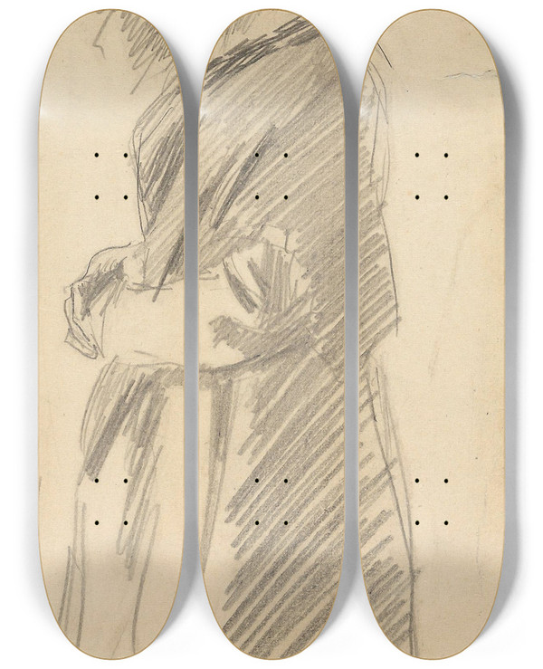 Triptych art skateboard deck of Gustav Wentzel Old Woman With Headscarf_1 by Gustav Wentzel (1859-1927)