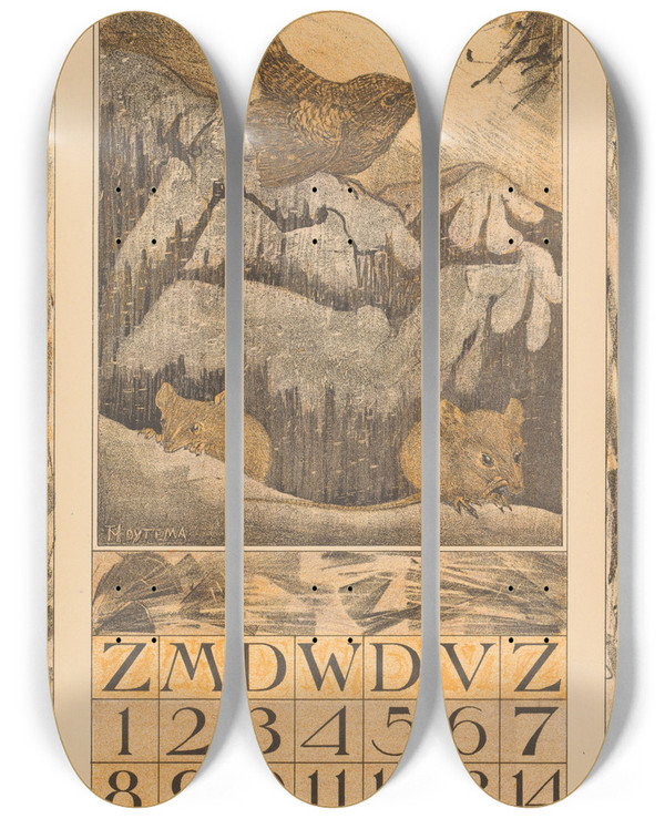 Triptych art skateboard deck of Theo Van Hoytema Kalenderblad Januari Met Winterkoninkje En Muizen by Theo Van Hoytema (1863-1917)