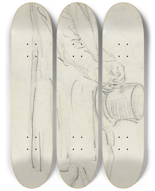 Triptych art skateboard deck of Anton Burger Bauer Mit Gesenktem Kopf Und Zylinder In Den Hnden by Anton Burger (1824-1905)