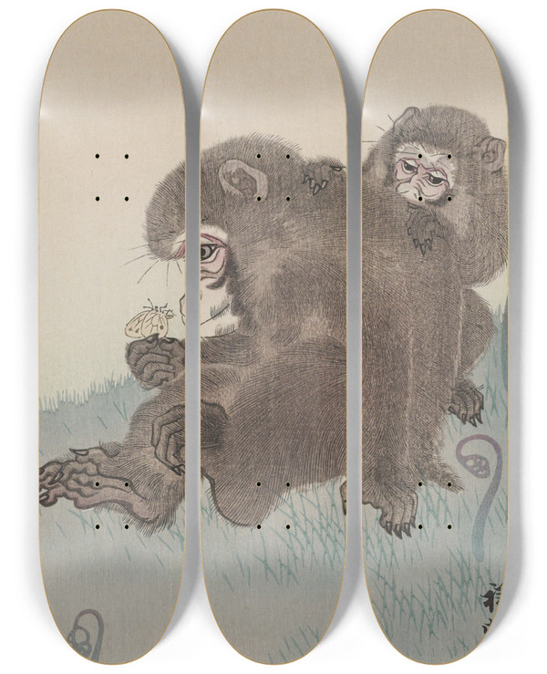 Triptych art skateboard deck of Ohara Koson Two Monkeys With Butterfly by Ohara Koson (1877-1945)