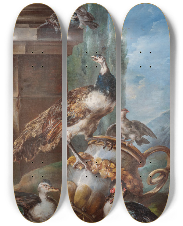 Triptych art skateboard deck of Angelo Maria Crivelli A Peacock Pigeons Ducks And Rabbits In An Idealised Landscape by Angelo Maria Crivelli (1730)