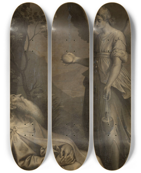 Triptych art skateboard deck of Ambrosius Francken I Elijah Fed By An Angel by Ambrosius Francken I (1544-1618)