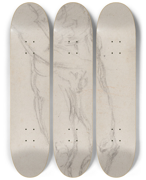 Triptych art skateboard deck of Michelangelo Male Nude Recto by Michelangelo (1475-1564)