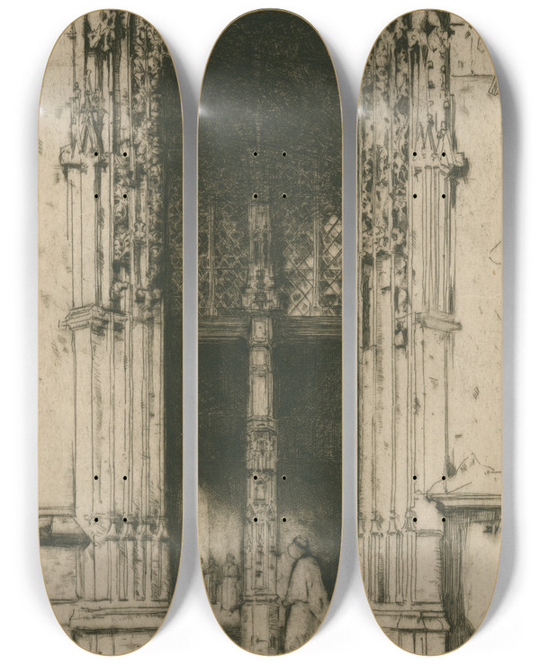 Triptych art skateboard deck of David Young Cameron The North Porch Harfleur by David Young Cameron (1865-1945)