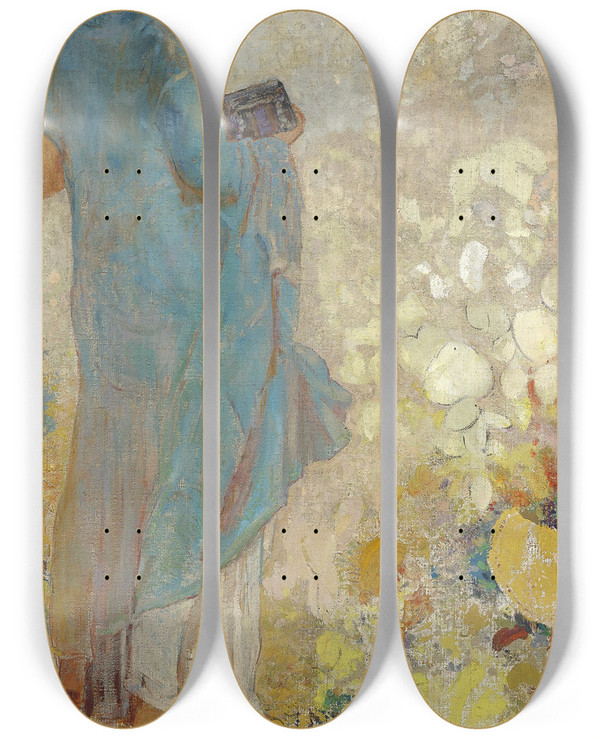 Triptych art skateboard deck of Odilon Redon Pandora_2 by Odilon Redon (1840-1916)