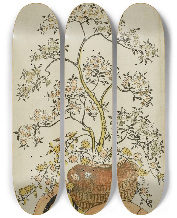 Triptych art skateboard deck of Hanegawa Chincho Flower Wagon by Hanegawa Chincho (1711-1736)