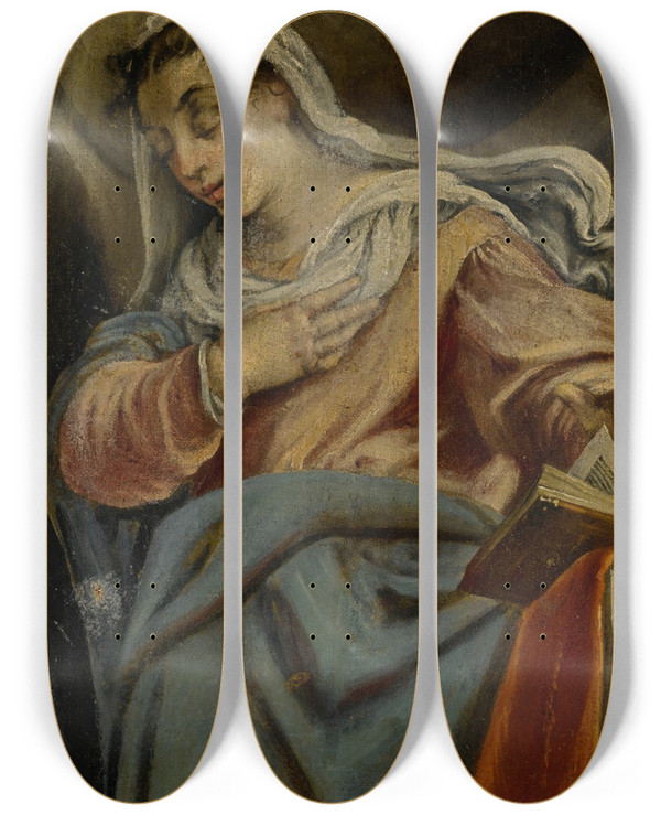 Triptych art skateboard deck of Jacopo Bassano Virgin Of The Annunciation by Jacopo Bassano (1510-1592)