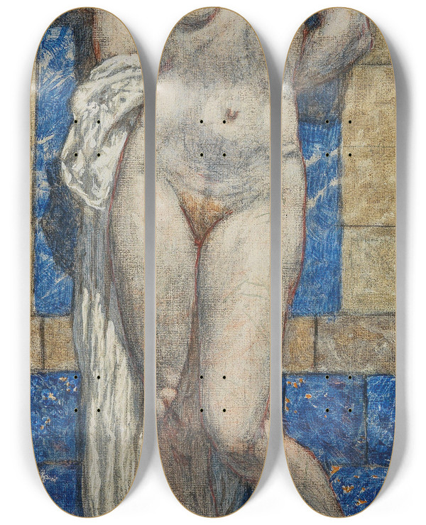 Triptych art skateboard deck of Alexander Rothaug Defeated Amazon by Alexander Rothaug (1870-1946)