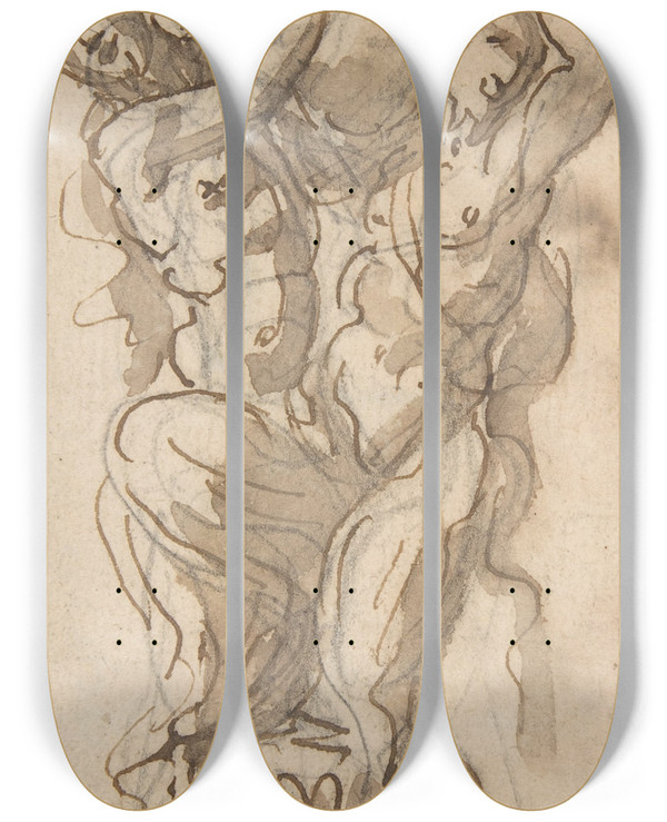 Triptych art skateboard deck of Giovanni Battista Foggini Design For A Statue Consisting Of A Satyr And Satyress Lifting A Vase by Giovanni Battista Foggini (1652-1725)