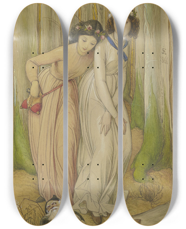 Triptych art skateboard deck of Eduard Von Steinle Schneeweichen Und Rosenrot Finden Im Wald Den Zwerg Dessen Bart Sich In Einem Baumstamm Eingeklemmt Hat by Eduard Von Steinle (1810-1886)