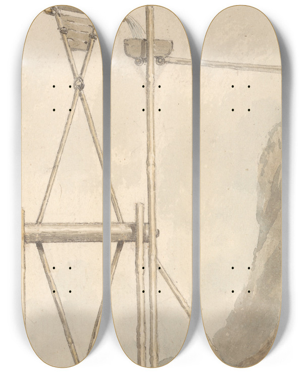Triptych art skateboard deck of William Alexander Section Of A Wheel For Elevating Water by William Alexander (1767-1816)