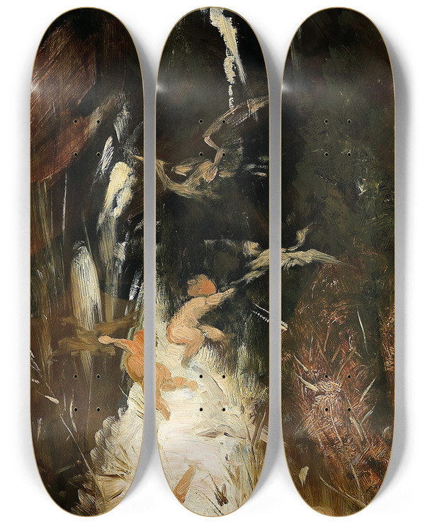 Triptych art skateboard deck of Hans Makart Putti Near A Forest Brook by Hans Makart (1840-1884)