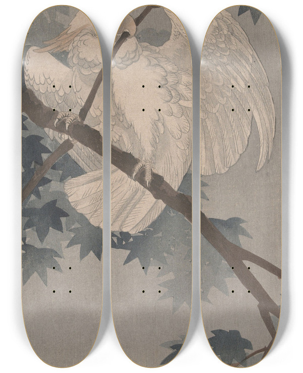 Triptych art skateboard deck of Ohara Koson Yellow Crested Cockatoo In Tree by Ohara Koson (1877-1945)