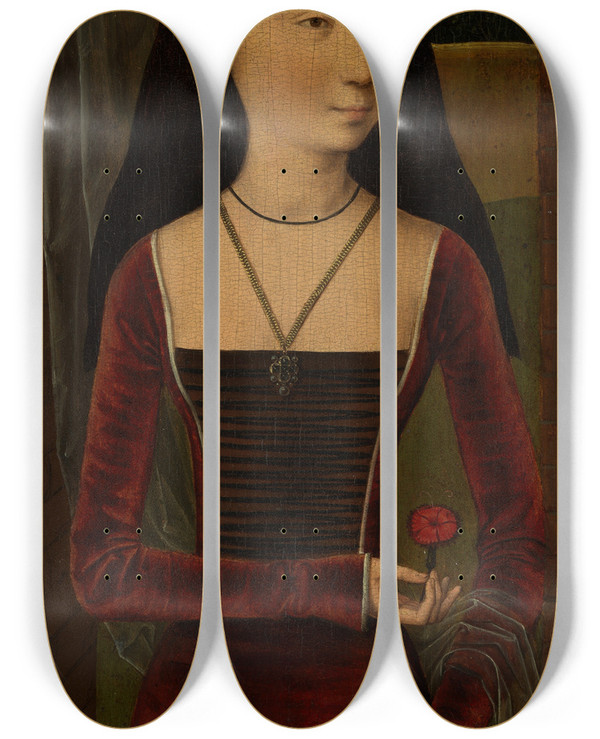 Triptych art skateboard deck of Hans Memling Young Woman With A Pink by Hans Memling (1430-1494)