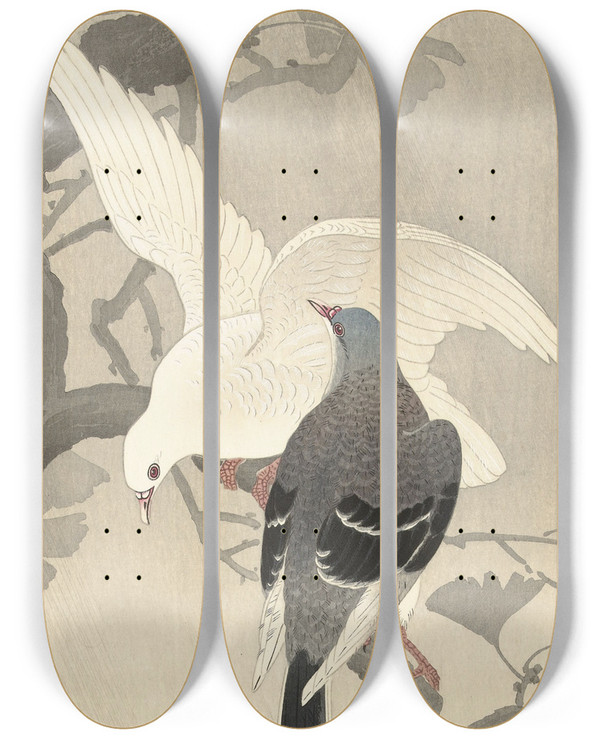 Triptych art skateboard deck of Ohara Koson Two Pigeons On A Branch by Ohara Koson (1877-1945)