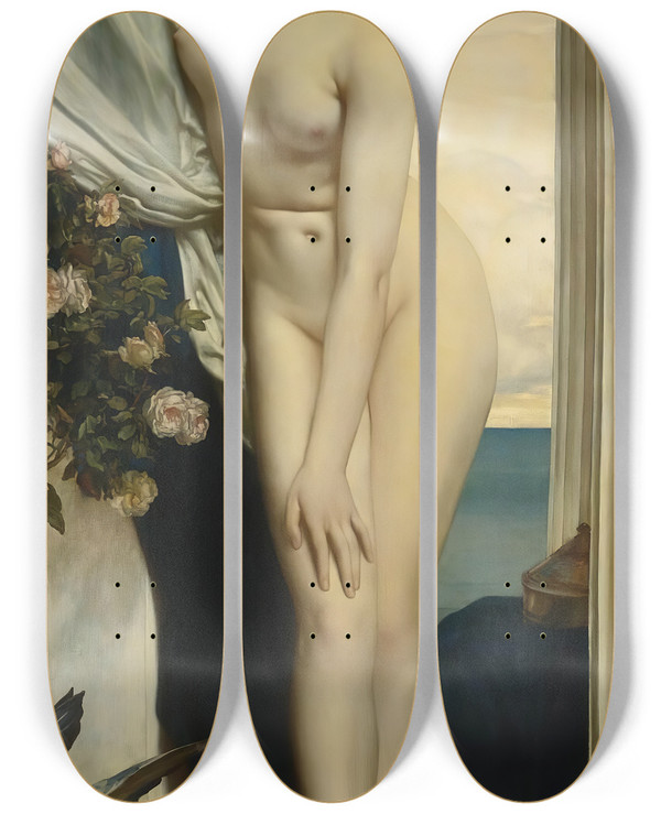 Triptych art skateboard deck of Frederic Leighton Venus Disrobing For The Bath by Frederic Leighton (1830-1896)