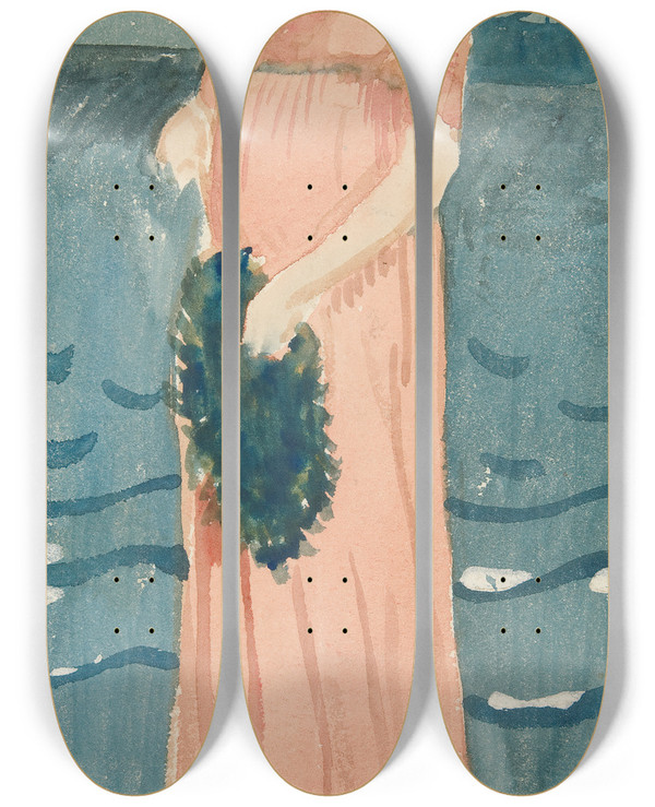 Triptych art skateboard deck of Edwin Austin Abbey Unidentified Illustration Of Woman On A Beach Ship Indistance by Edwin Austin Abbey (1852-1911)
