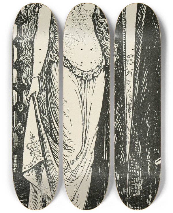 Triptych art skateboard deck of Henry Justice Ford The Princess At The Curtain by Henry Justice Ford (1860-1941)