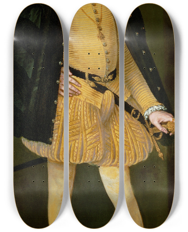 Triptych art skateboard deck of Alonso Snchez Coello Infant Don Carlos Of Spain by Alonso Sanchez Coello (1531-1588)