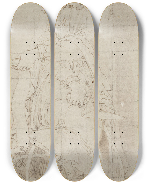 Triptych art skateboard deck of Giovanni Battista Bertani En Kvinde Med Et Skriftbnd I Venstre Og En Murske I Hjre Hnd Lnende Sig Til En Himmelglobus by Giovanni Battista Bertani