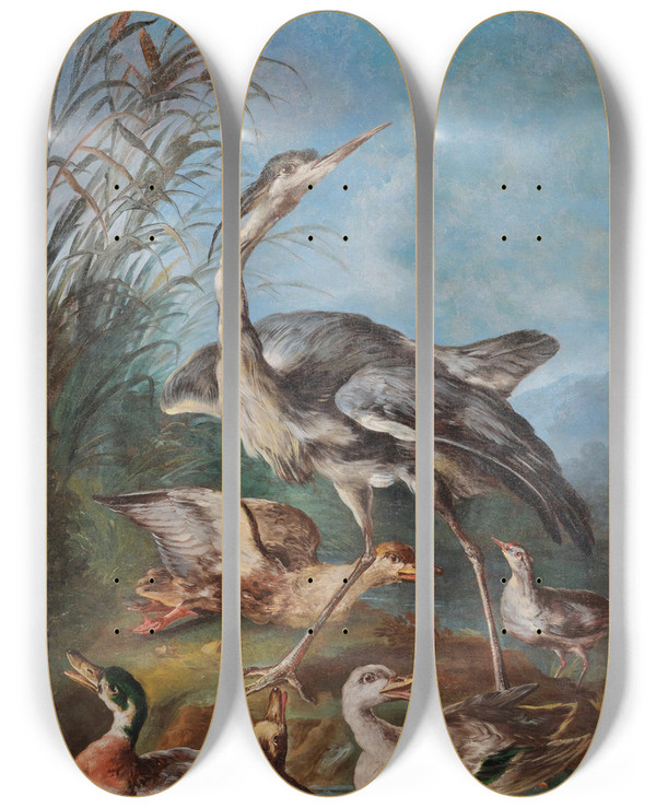 Triptych art skateboard deck of Angelo Maria Crivelli A Heron And Ducks Near A Pond by Angelo Maria Crivelli (1730)