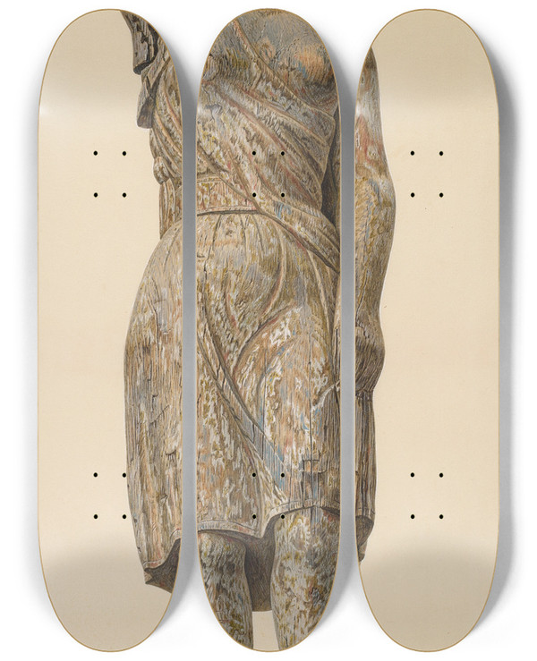 Triptych art skateboard deck of John Matulis Circus Wagon Figure Dancing Girl by John Matulis