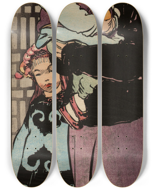 Triptych art skateboard deck of Helen Hyde In Their Holiday Clothes by Helen Hyde (1868-1919)