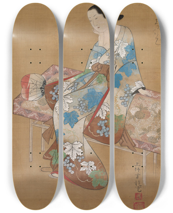 Triptych art skateboard deck of Kamigaki Hry Courtesan Seated On A Bench Enjoying The Evening Cool In Summer by Kamigaki Horyu (1615-1868)