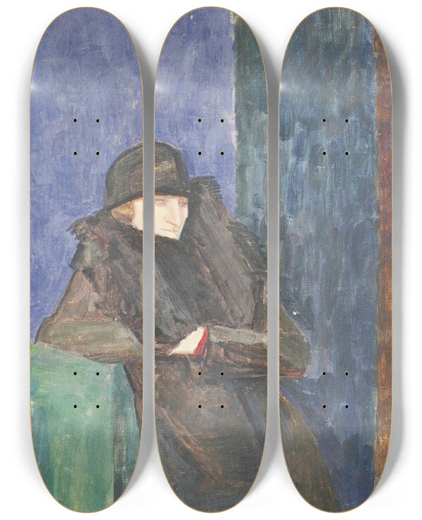 Triptych art skateboard deck of Walther Gamerith Stehende Dame Mit Pelzkragen Und Schwarzem Hut by Walther Gamerith (1903-1949)