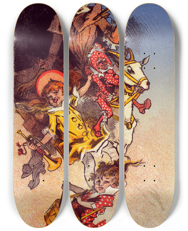 Triptych art skateboard deck of Jules Chret Magasin Des Buttes Chaumont by Jules Cheret (1836-1932)