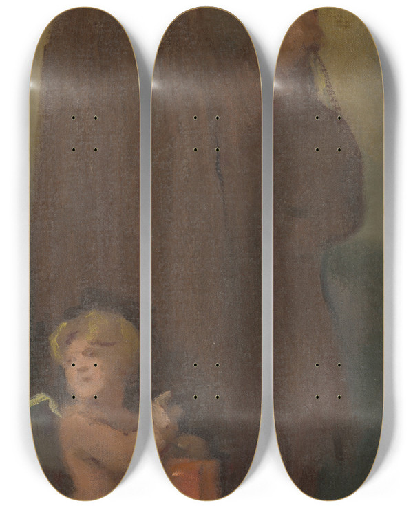 Triptych art skateboard deck of Milan Thomka Mitrovsk Study Of Pilgrims With A Guardian Angel Ahasver by Milan Thomka Mitrovsky (1875-1943)