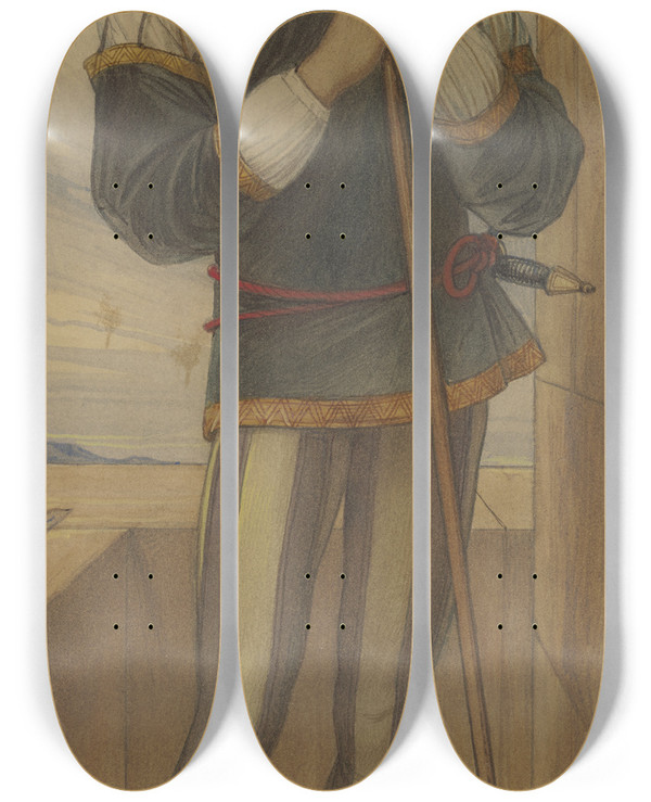 Triptych art skateboard deck of Eduard Von Steinle Turmwchter Aus Ritterlicher Zeit by Eduard Von Steinle (1810-1886)