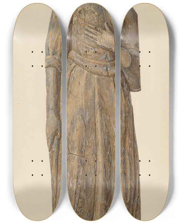 Triptych art skateboard deck of John Matulis Circus Wagon Figure Medieval Lady_1 by John Matulis