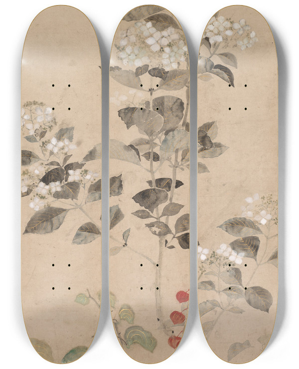 Triptych art skateboard deck of Kitagawa Ssetsu Summer Flowers by Kitagawa Sosetsu (1639-1650)