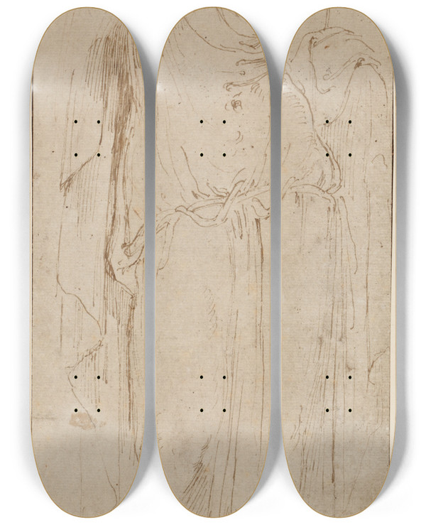 Triptych art skateboard deck of Girolamo Da Carpi Standing Figure by Girolamo Da Carpi (1501-1556)