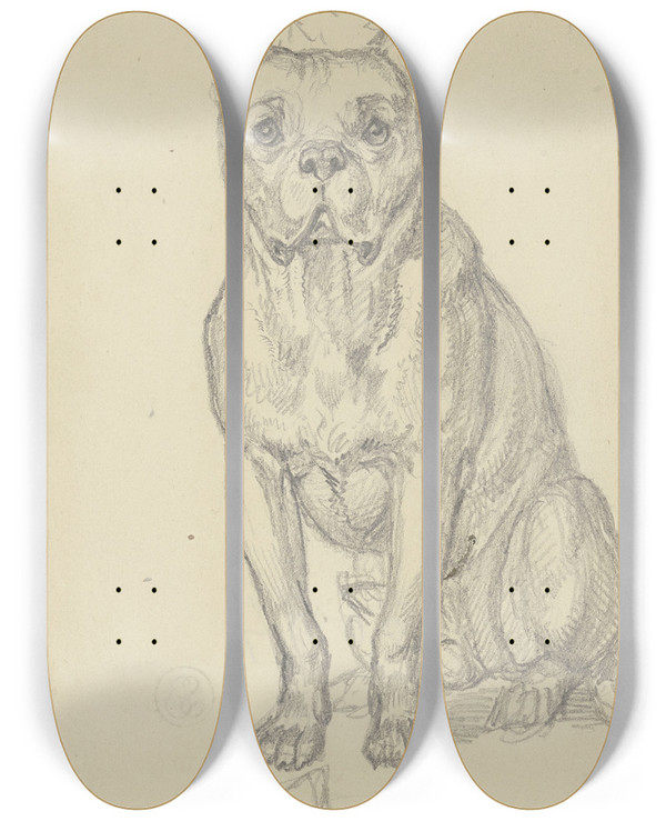 Triptych art skateboard deck of Ferdinand Fellner Sitting Dog En Face by Ferdinand Fellner (1799-1859)