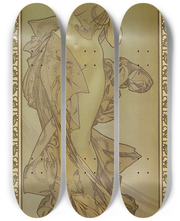 Triptych art skateboard deck of Alphonse Mucha Etoile Du Soir by Alphonse Mucha (1860-1939)